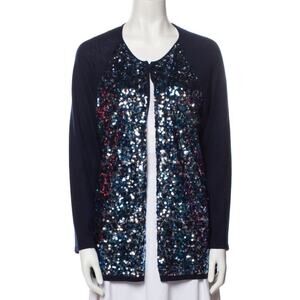 St. John Blue Sequin Sparkle Silk Cashmere Blend Knit Cardigan Size Large EUC